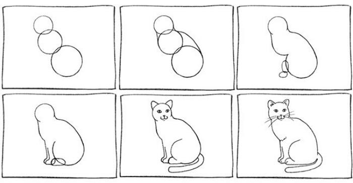 žingsniai piešti juodai baltą katę pieštuku, žingsnis po žingsnio piešti sėdinčią katę su geometrinėmis figūromis