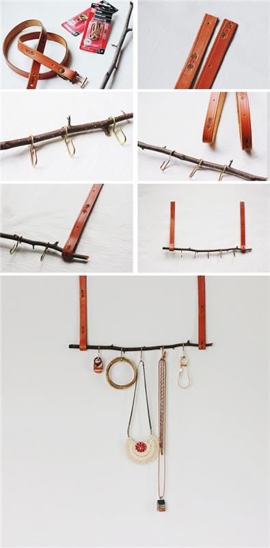 Nosilec stenskega nakita DIY, koraki, ki jih morate narediti, da steno obesite v lesu in bakru s kavlji za ogrlice