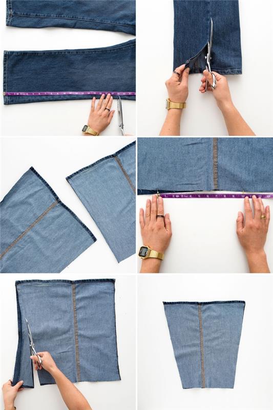 kumaş çanta nasıl yapılır öğretici, geri dönüştürülmüş kot pantolonlardan alışveriş çantası yapmak için izlenecek adımlar