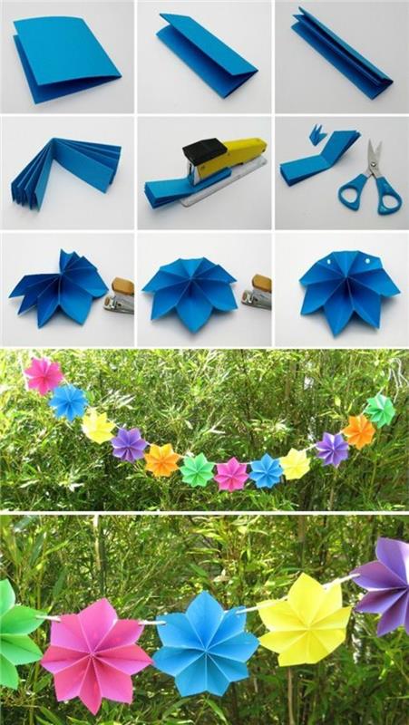 pamoka gaminti popieriaus girliandą, sudarytą iš skirtingų spalvų popierinių gėlių