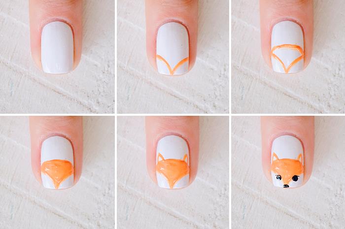 enostaven živalski vzorec nail art tutorial jesenska manikura ideja vixen risba v oranžnem laku beli osnovni lak