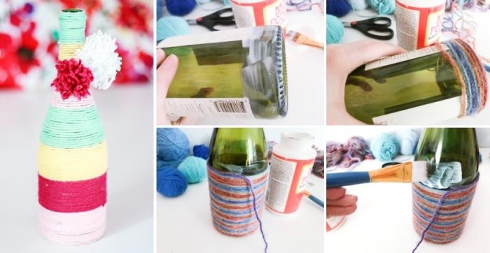 enostavna spomladanska ideja DIY, koraki za okrasitev steklenice z vrvico in domačimi pom pommi