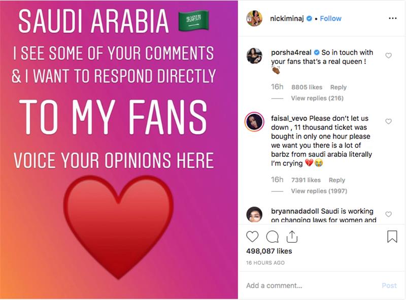 Nicki Minaj „Instagram“ paskyros, kuri apklausė gerbėjus dėl jos atsisakymo keliauti į Saudo Arabiją Džidos festivalyje „Jeddah World Fest“, ekrano kopija