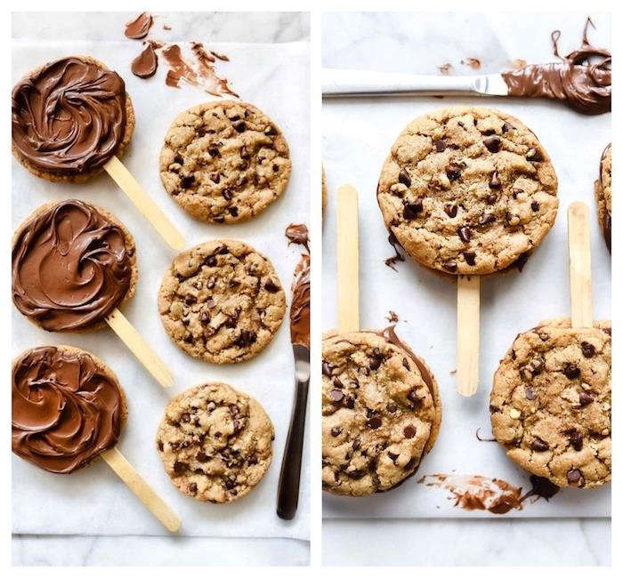 paprastas šokoladinių sausainių receptas, nuotraukos šalia, nutella tarp dviejų sausainių, ant balto padėklo