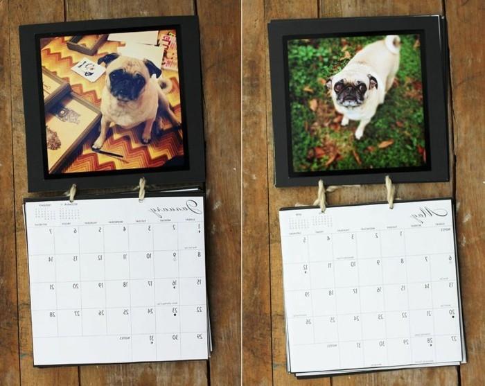 ahşap bir yüzeye yerleştirilmiş farklı pug fotoğrafları, kendin yap duvar takvimini süsleme, ev yapımı hediye fikirleri