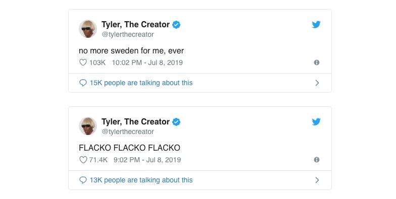 ekran görüntüsü Twitter hesabı Tyler, artık İsveç'e gitmek istemediğini yazan The Official Creator