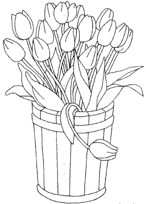 lesena škatla s cvetjem šopek tulipanov, pobarvanke za enostavno tiskanje