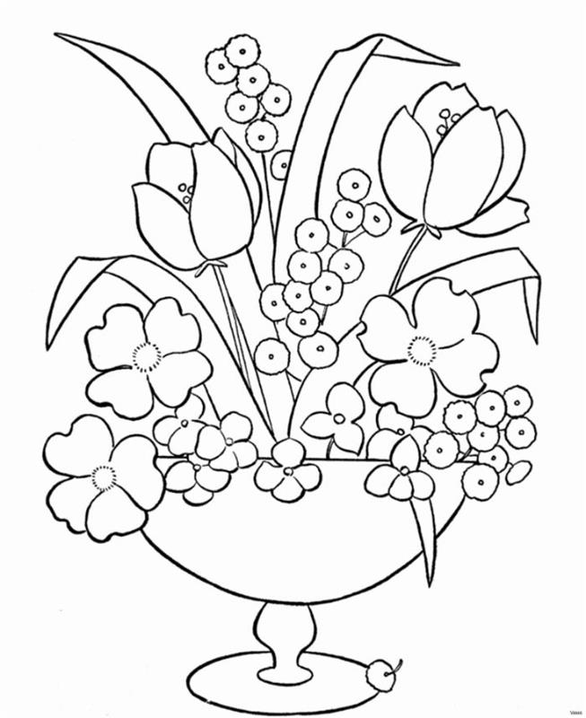 cvetlična skleda s tulipani in drugimi spomladanskimi rožami, brezplačne pobarvanke za tiskanje