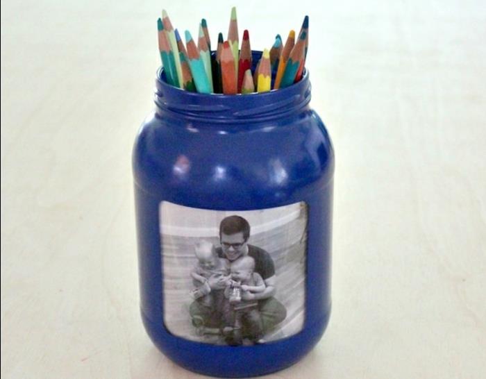„pasidaryk pats“ tėvelių dienos dovana su stikliniais indeliais-pieštuku-stiklainiu su tėvu-sūnumi-nuotraukų rėmeliu