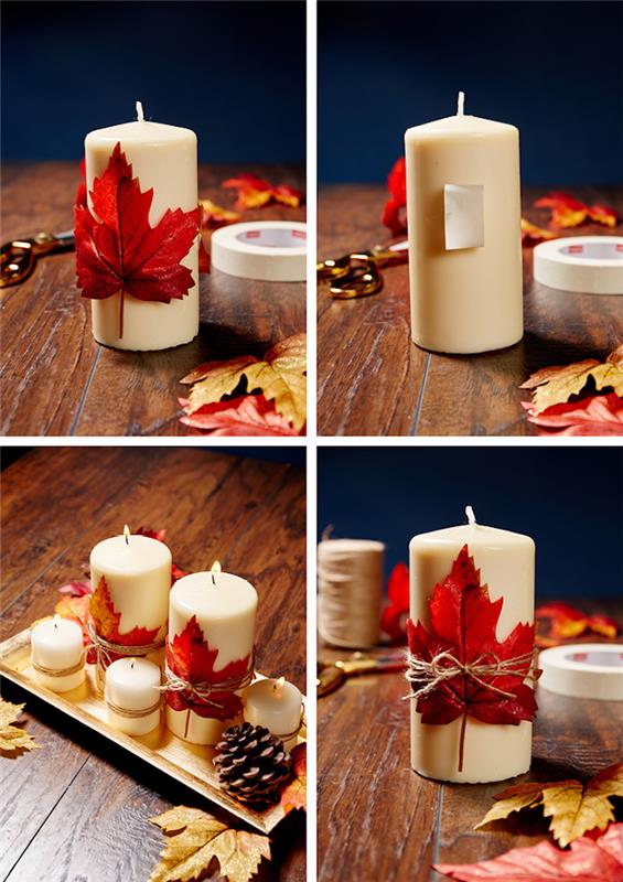 okrasna kompozicija sveč, okrašena z odmrlim listom in vrvico v pladnju s svečami in borovimi storži, jesen DIY