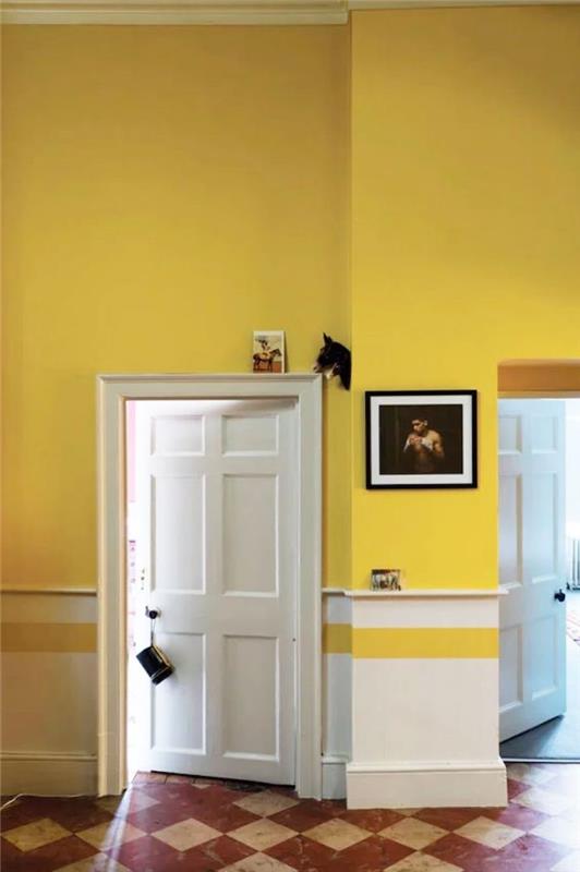 zeminde kahverengi çinileri ve ahşap bir kapısı olan beyaz ve parlak sarı iki renge boyanmış bir koridor