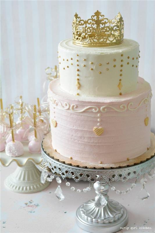 Princesės karūnos pyrago viršūnės princesės suknelės torto idėjos