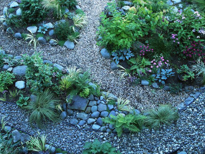 yeşil bitkiler ve dekoratif taşlarla dolu bir bahçe