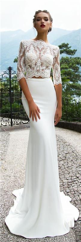 dviejų dalių nėrinių undinėlės suknelė, palaidinė ilgomis rankovėmis, balti nėriniai, labai aptemptas baltas atlasinis sijonas, nėrinių vestuvinė suknelė