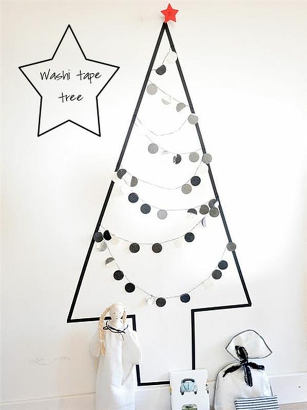 Kalėdų eglutė, pagaminta iš skalbimo popieriaus, pritvirtinta prie sienos, originali idėja, ką daryti su maskavimo juosta