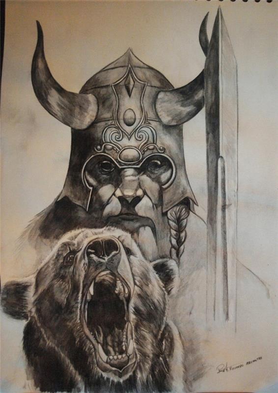 Gražus skandinaviškas vikingų vikingų galvos ir lokio tatuiruotės simbolis