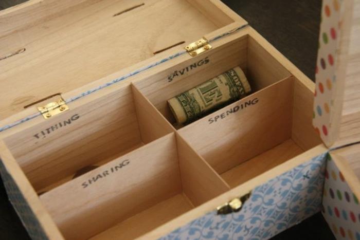 osebna lesena škatla z decoupage papirjem, različni predelki za različne prihranke, enostavna izdelava