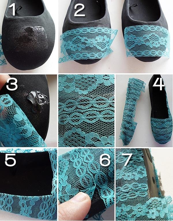 DIY projekt, prilagodite čevlje, okrasite modre čipke na črnih črpalkah, vadnica po korakih