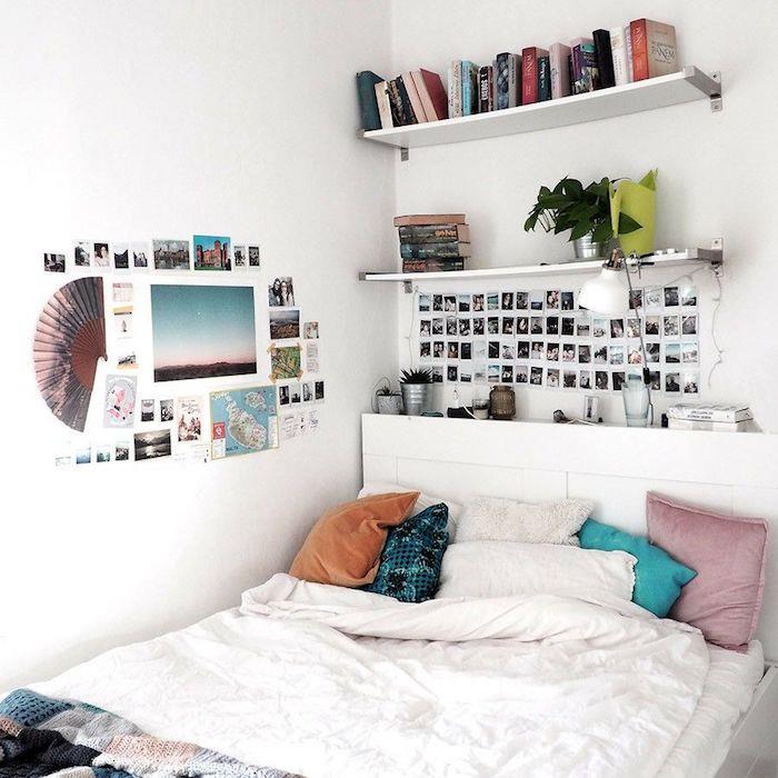 Bela posteljnina, stenska dekoracija s fotografijami, dekoracija spalnice, barve, ki jih lahko izberete za efekt tumblr deco