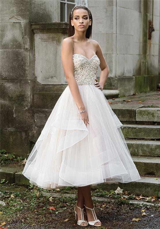 Obleka brez naramnic srednje dolžine s krilcem iz tila, poročna obleka princesa, poročna obleka navdih v spletni trgovini