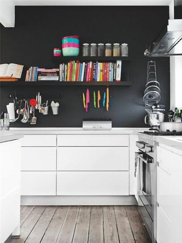 siyah duvarlı-güzel-mutfak-ve-beyaz-mobilya-mutfak için-boya-seçilecek-