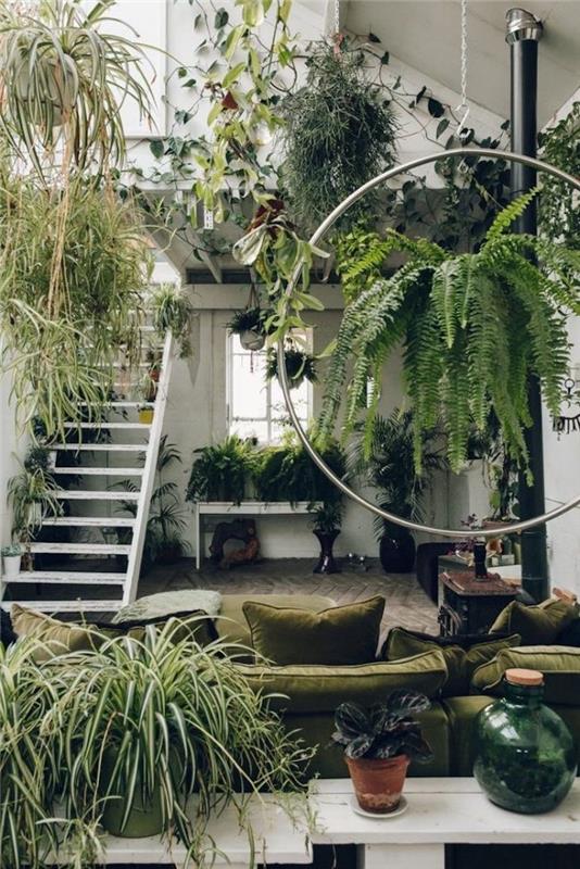 bol miktarda yeşil bitki ve metal bir daire ile dekore edilmiş yeşil bir kanepe içeren bir oda