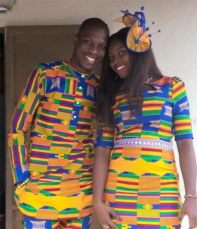 Abiti africani, uomo e donna, stoffe colorate di giallo, capelli abbinato başına aksesuar