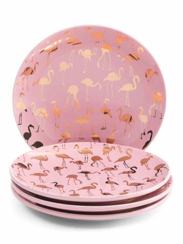 eksotična deko, flamingo deco, izvirne kitajske porcelanske jedi v roza barvi z zlatimi vzorci flaminga, velik nabor jedi