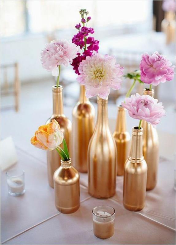 aukštos auksinės vazos vestuvių stalo idėja-pasidaryk pats