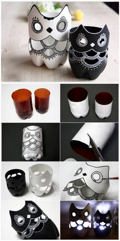 originalios pelėdų vazos, pagamintos iš perdirbtų plastikinių butelių