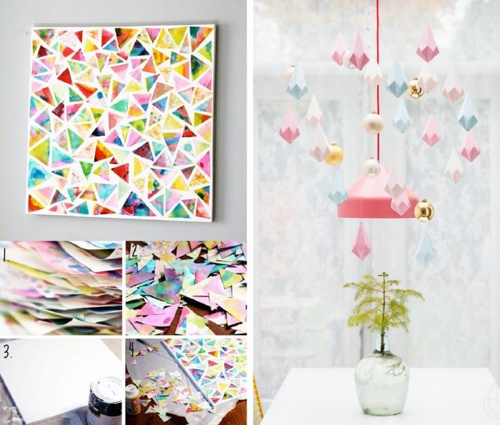 Renkli origami kağıt figürler ile DIY sarkıt ışık, renkli kağıt kesimlerinde DIY boya ile genç kız yatak odası dekoru