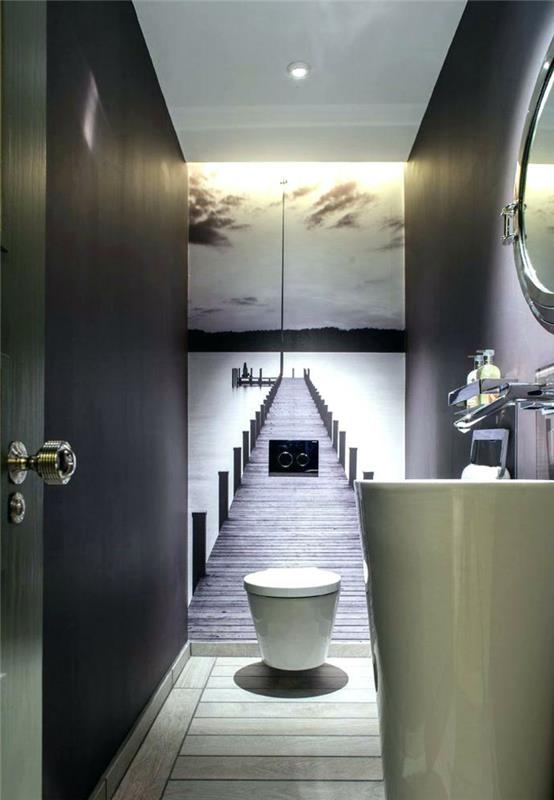 pilkas ir baltas tualeto dekoras, trompe l'oeil sieninis plakatas, koloninis kriauklė, apvalus veidrodis, juodi tualeto dažai