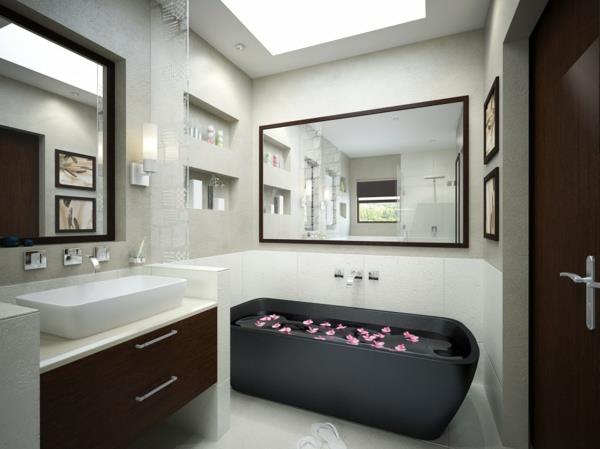 pravokotni umivalnik-elegantna kopalnica-črna kad-dve veliki pravokotni ogledali