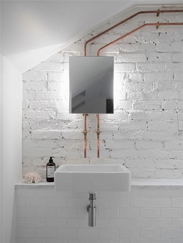 Balto medžio-akmens veidrodis-vonios kriauklė