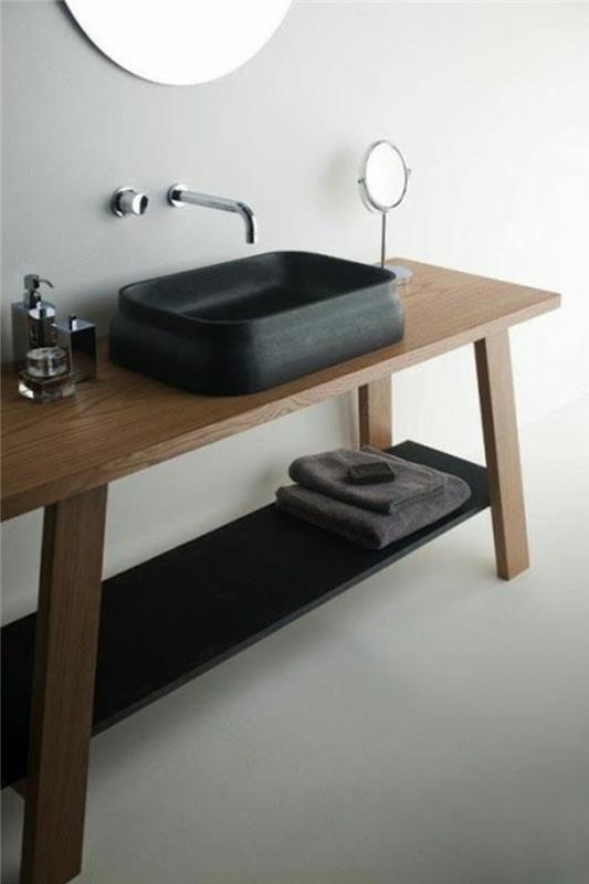 Juodos medienos veidrodis-grindys-skaidri-balta-vonios kriauklė