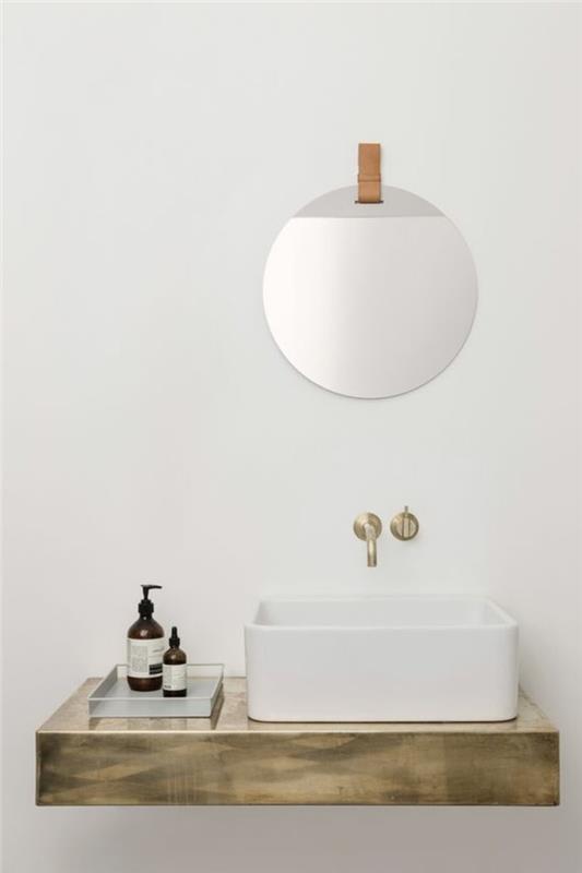 Kriauklė-vonios kambarys-apvalus-veidrodis-vienos lentynos-sifonas