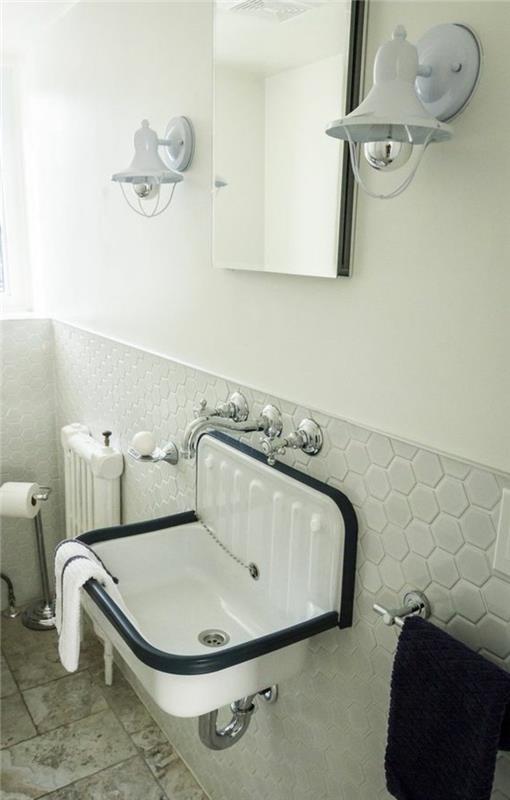 umivalnik z belimi stenami-retro-umivalnik in šesterokotno polaganje ploščic