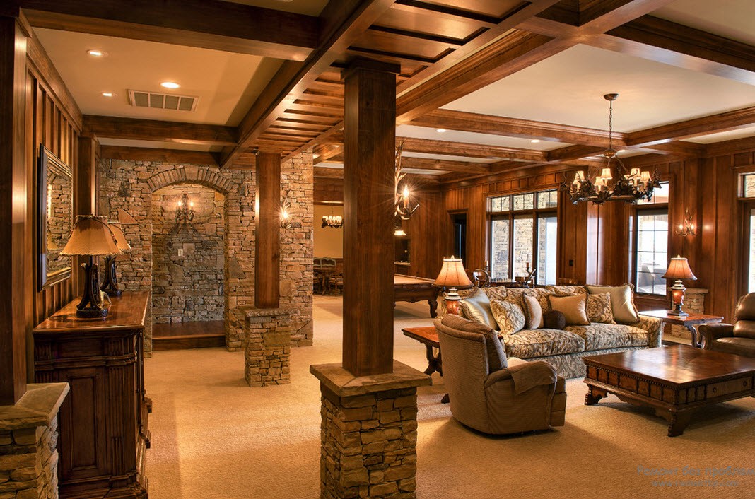 Design luxuoso da sala de estar em madeira com colunas de madeira