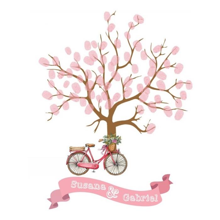 čudovita risba s kolesom, okrašenim s cvetjem in drevesom z rožnatim listjem prstnih odtisov, izviren poročni spomin