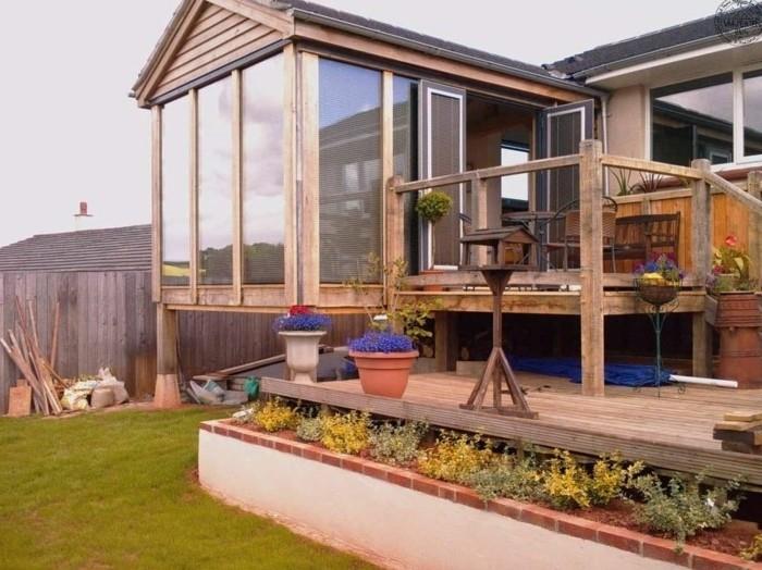 šiuolaikinės verandos įmontuoto aukščio modelis iš medinės verandos šalies stiliaus