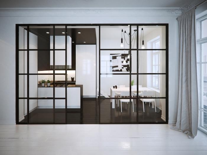 cam bölme, tavanda led aydınlatma ve endüstriyel tarz elektrik kablosu ile beyaz ve siyah mutfak dekorasyonu
