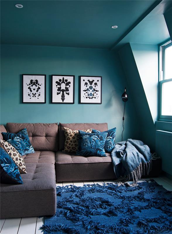 Anties mėlynos gyvenamojo kambario dažų idėjos, vandens žalia gyvenamojo kambario apdaila, povo mėlynos žalios svetainės sienos