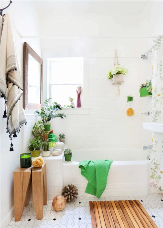 Zelene rastline za eksotično dekoracijo vintage kopalnice v beli barvi, Zen kopalniška dekoracija preprosta in lepa, izbira barv in dizajna