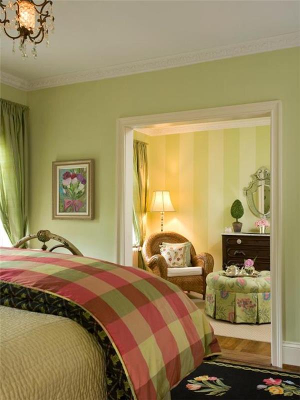 Madinga namo spalva idealiai tinka suaugusiųjų miegamojo moderniam dekoravimui kaimo žalias namas