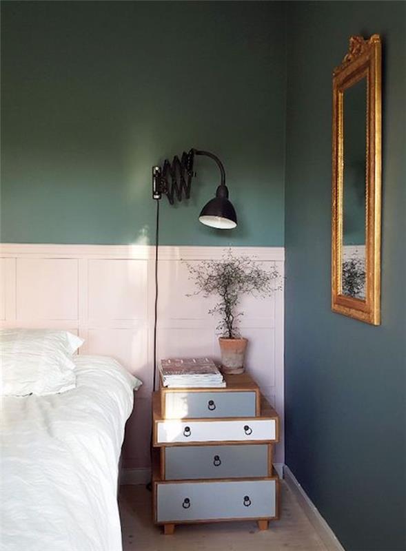 Sienų spalva miegamajam idealiai tinka suaugusiųjų miegamojo dekoravimo idėjoms, skirtoms šiuolaikiškam miegamojo žaliai ir baltai dekoravimui