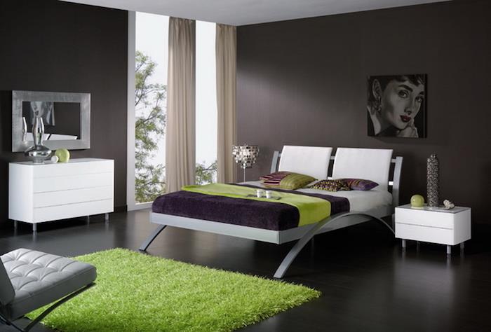 Yetişkin yatak odası gardıropları, modern yeşil ve siyah yatak odası dekoru elde etmek için yatak odasını harika bir fikirle dekore eder.
