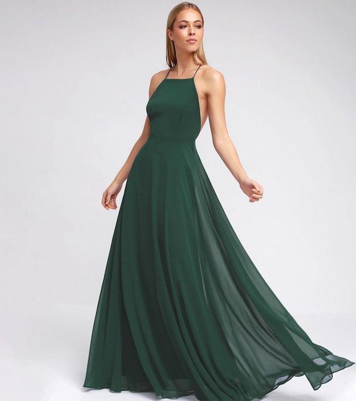 Žalia ilga platėjanti suknelė, oficiali suknelė, prašmatni vakarinė suknelė, vestuvių svečio suknelės idėja