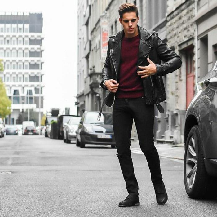 poceni moški usnjeni telovnik črne hlače temno rdeča bluza moška moda