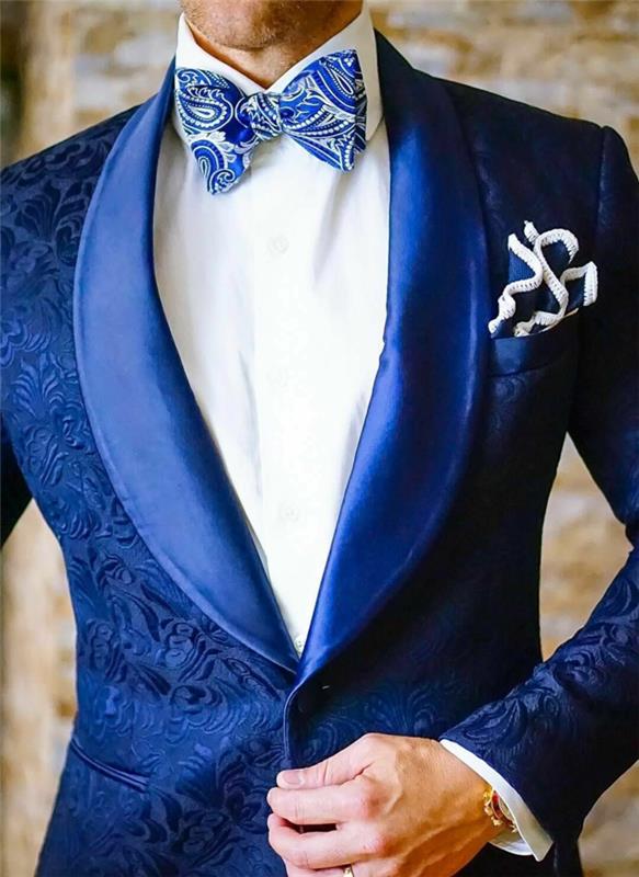 erkek takım elbise ceketi, papyon takım elbise, muhteşem kraliyet mavisi, kraliyet mavisi ve beyaz cep mendili, beyaz vurgulu kraliyet mavisi papyon, cekette saten kaplamalı dekoratif arabesk, kraliyet mavisi saten klapalar
