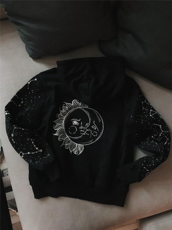 črna denim jakna, prilagojena risbi sonca in lune, kako narediti oblačila po meri